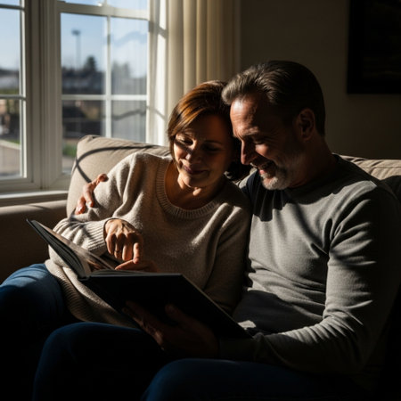 Candid side profile silhouette of a couple sweetly reminiscing over old photo albums with harsh sunlの素材