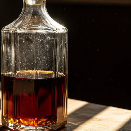 A vintage, scratched crystal decanter holding dark amber brandy, dramatically silhouetted by harsh sの素材