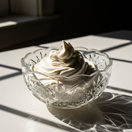 Stiff peak of hand-whipped cream in a scratched, dusty decorative glass bowl under harsh sunlight.の素材