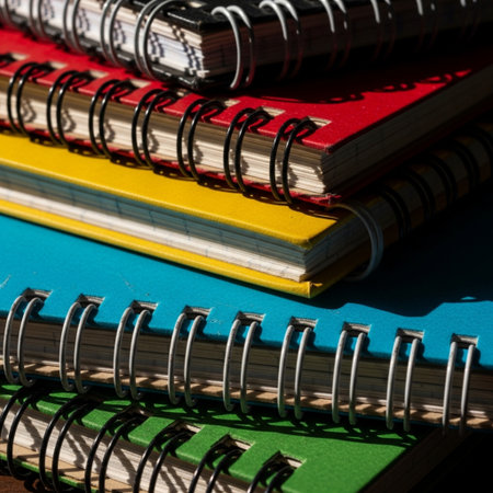 Extreme macro detail of a used stack of colorful spiral notebooks under harsh cinematic sunlight andの素材
