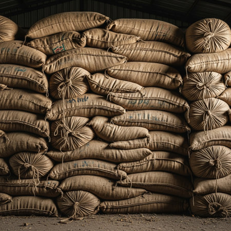 Wide angle shot of rough burlap sacks filled with harvest goods in a dusty, sunlit storage warehouseの素材