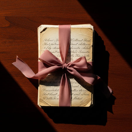 Stack of faded, antique love letters tied with a vintage ribbon on a wooden table, high angle flat lの素材