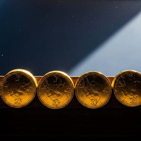 golden coins on a dark background with a beam of light.の素材