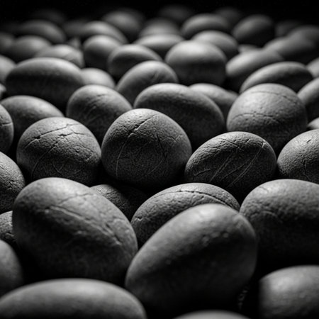 Editorial, cinematic abstract texture study featuring a dense pile of dark gray river pebbles photogの素材