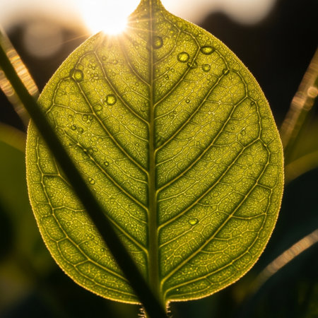 Leaf of a plant with dew drops close-up.の素材