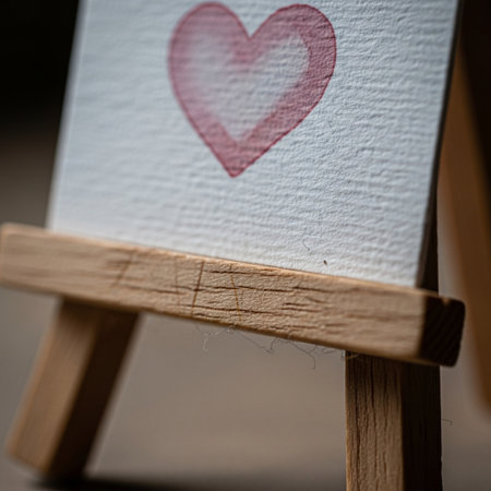 Close up of a wooden easel with a red heart on itの素材