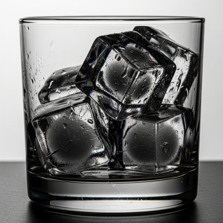 Ice cubes in a glass of water on a white background. Close-up.の素材