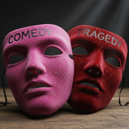 An editorial, wide-angle cinematic photograph capturing two iconic theater masks, representing comedの素材