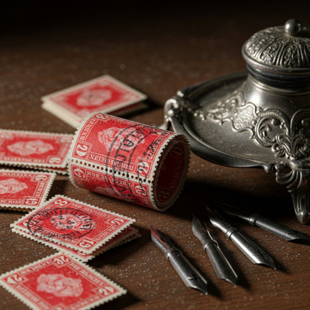 Editorial macro photograph depicting a vintage still life of communication tools: a scattered roll oの素材