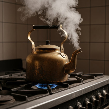 Editorial close-up of a vintage, oversized brass kettle whistling softly on an aged kitchen stovetopの素材
