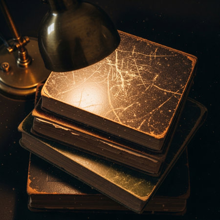 Editorial photograph capturing a mood of quiet study and nostalgia. A tightly stacked pile of antiquの素材