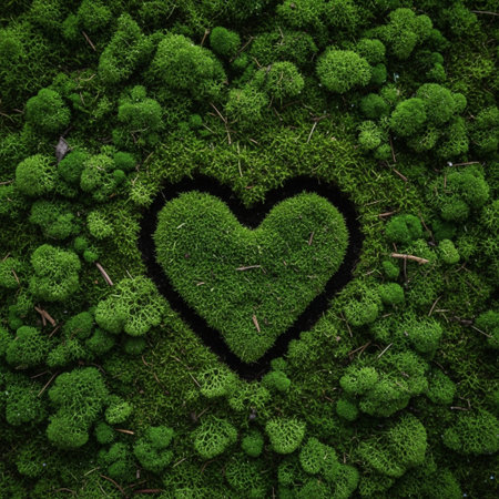Heart made of green moss on the ground in the forest. Nature background.の素材