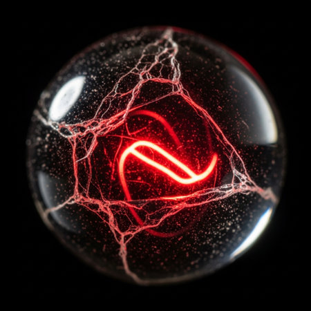 Red lightning in a crystal ball on a black background, close-upの素材