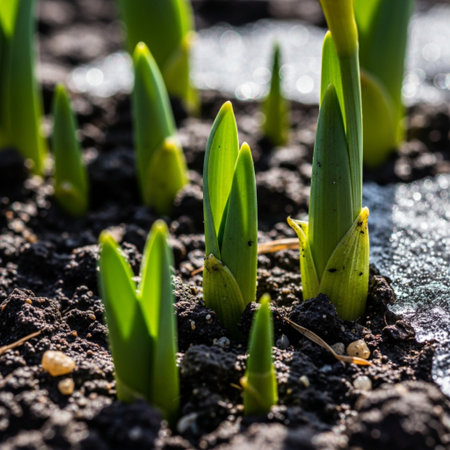 An extreme macro, cinematic photograph capturing the vibrant green shoots of spring bulbs (tulips anの素材