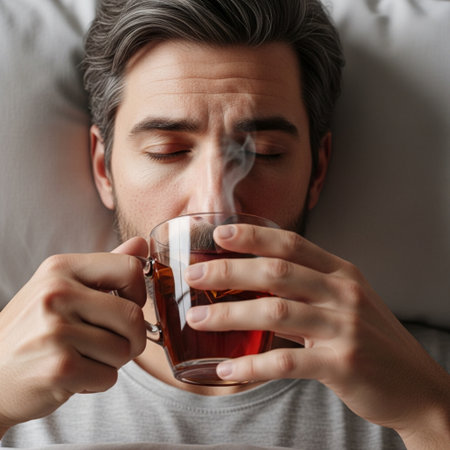 Candid, low-angle editorial photograph of a middle-aged man resting in bed while recovering from a mの素材