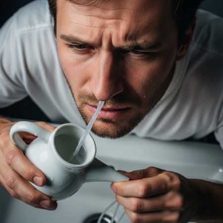 High angle top-down editorial image of a man using a neti pot for sinus relief and nasal rinsing durの素材