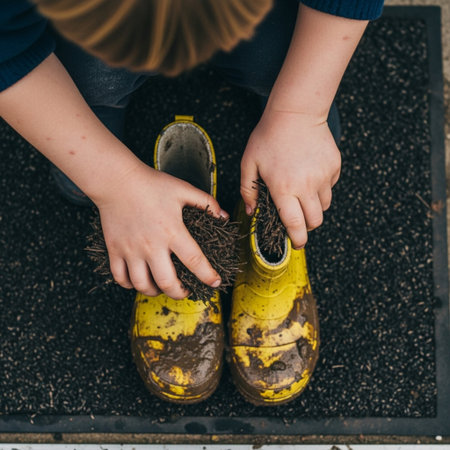 A candid, high-angle top-down view of a child diligently scrubbing mud off their rubber boots by anの素材