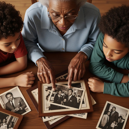 High-angle, cinematic editorial image capturing an intimate, intergenerational moment where an elderの素材