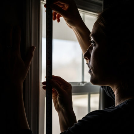 Editorial image capturing the side profile silhouette of a person focused on measuring a window framの素材