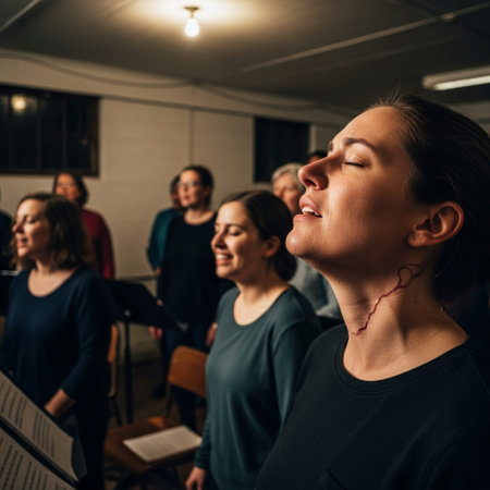 An emotional moment captured during a community choir rehearsal in a utilitarian church basement, feの素材
