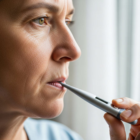 Candid, intimate over-the-shoulder POV close-up of an adult using a digital thermometer held under tの素材