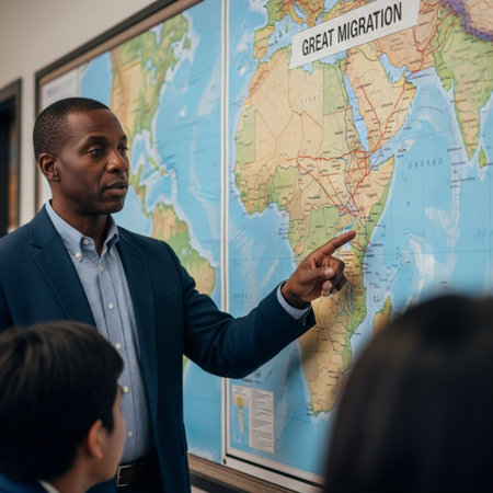An over-the-shoulder viewpoint captures an African American history teacher pointing to and explainiの素材