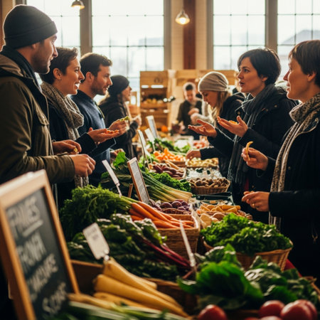 A low-angle, cinematic editorial photograph capturing a diverse group of friends or family members eの素材