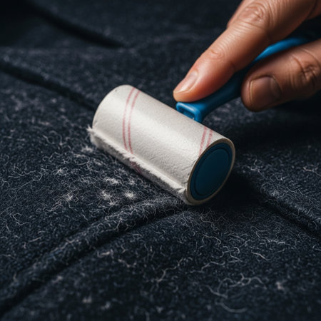 Extreme macro detail of a person performing routine garment maintenance, using a lint roller to remoの素材