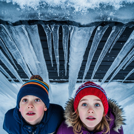 High-angle, top-down shot of young children looking up in curiosity and concern at dangerously largeの素材