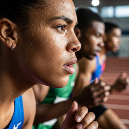 Intense, cinematic editorial photograph capturing the critical moment of extreme exertion during anの素材