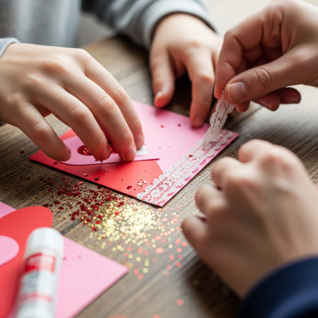 An intimate, editorial extreme close-up macro shot capturing the hands of a family collaborating onの素材