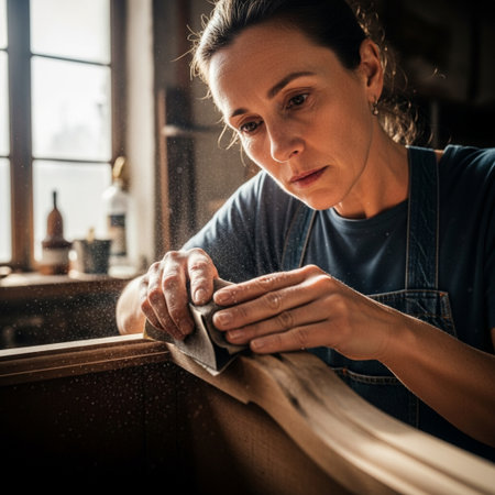 Wide angle, cinematic image depicting a woman absorbed in the process of restoring vintage wooden fuの素材