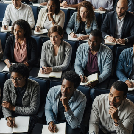 A high angle, top-down cinematic view capturing a diverse audience attending a specialized lecture sの素材