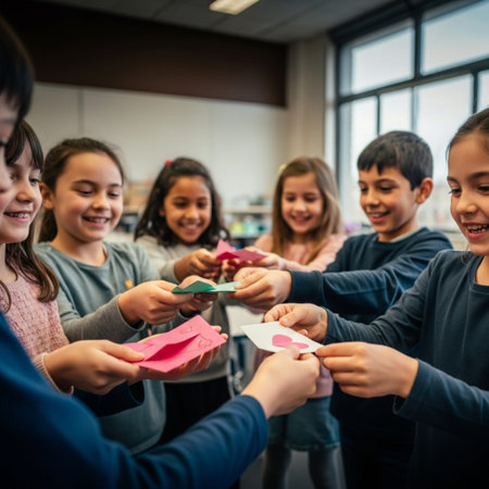 A wide-angle, cinematic photograph capturing a heartwarming moment of diverse elementary school studの素材