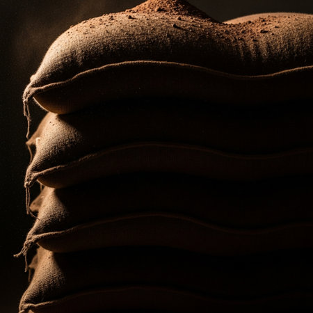 Editorial image depicting a towering stack of industrial-sized burlap bags filled with rich, dark coの素材