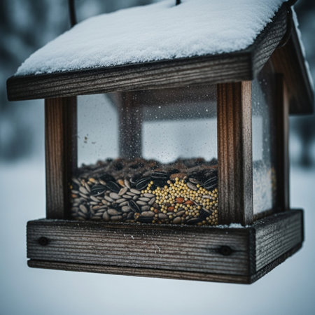 An editorial, cinematic image capturing a rustic, weathered wooden bird feeder stocked high with assの素材