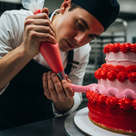 Professional pastry chef carefully decorating a multi-tiered cake with vibrant red and pink frostingの素材