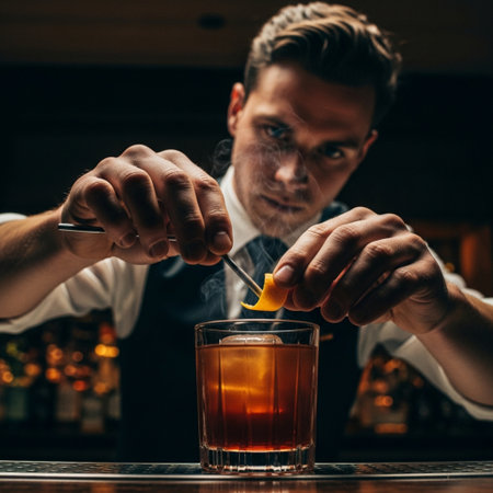 Editorial quality, low-angle photograph capturing a professional bartender preparing a dark, warmingの素材