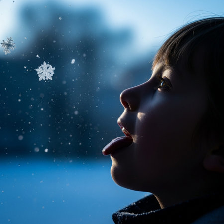A close-up, cinematic side profile silhouette captures a moment of pure winter joy as a child exciteの素材