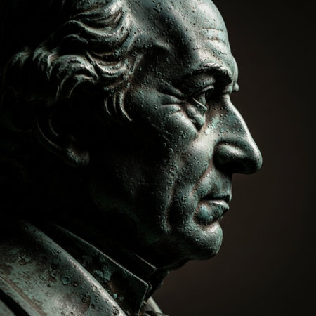Dramatic, cinematic close-up of the side profile silhouette of an aged bronze bust, representing a hの素材