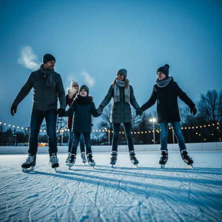 A low-angle, cinematic capture of a family enjoying an evening skate on a large outdoor ice rink atの素材