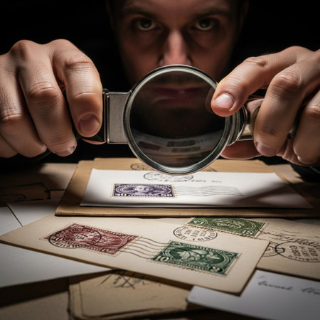 Editorial photograph capturing a philatelist or historian using a professional magnifying glass (louの素材