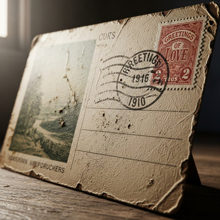 An editorial, wide-angle cinematic capture of a heavily aged, vintage postcard. The image highlightsの素材