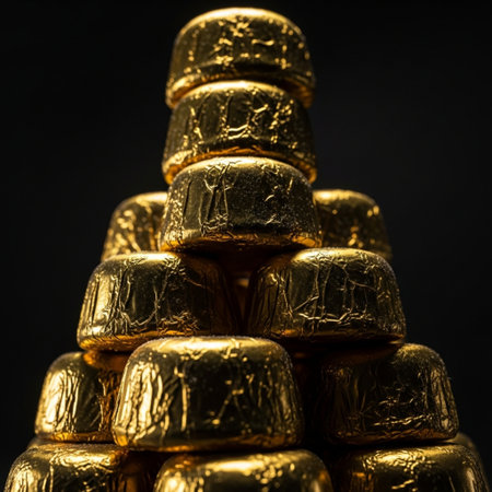 Dramatic, low angle, cinematic photograph of a towering stack of individual candies wrapped in crumpの素材