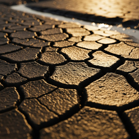 Abstract pattern formed by the rapid drying of wet earth, showcasing deep, interlocking mud cracks uの素材
