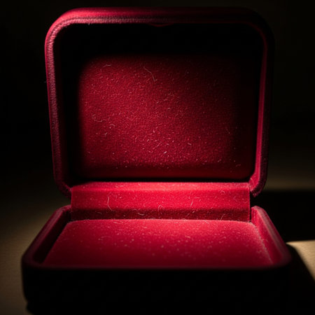 Editorial image featuring an empty, open velvet jewelry box shot from a dramatic low angle. The cineの素材