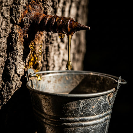 An evocative, cinematic macro photograph capturing the slow, methodical process of harvesting tree sの素材