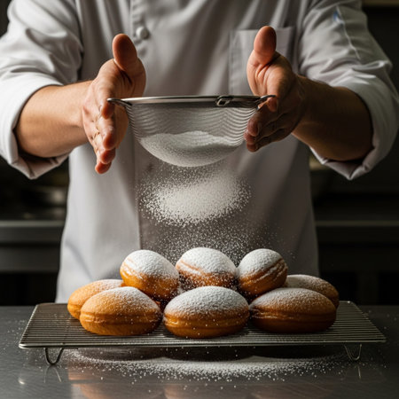 Over-the-shoulder perspective capturing a professional or home baker's hands in the candid act of heの素材