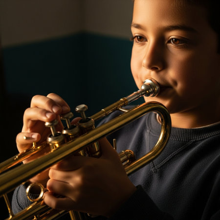 Cinematic extreme close-up macro of a child focused on learning a specialized brass jazz instrumentの素材