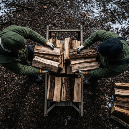High angle top-down cinematic shot showing two people loading split firewood onto a traditional woodの素材